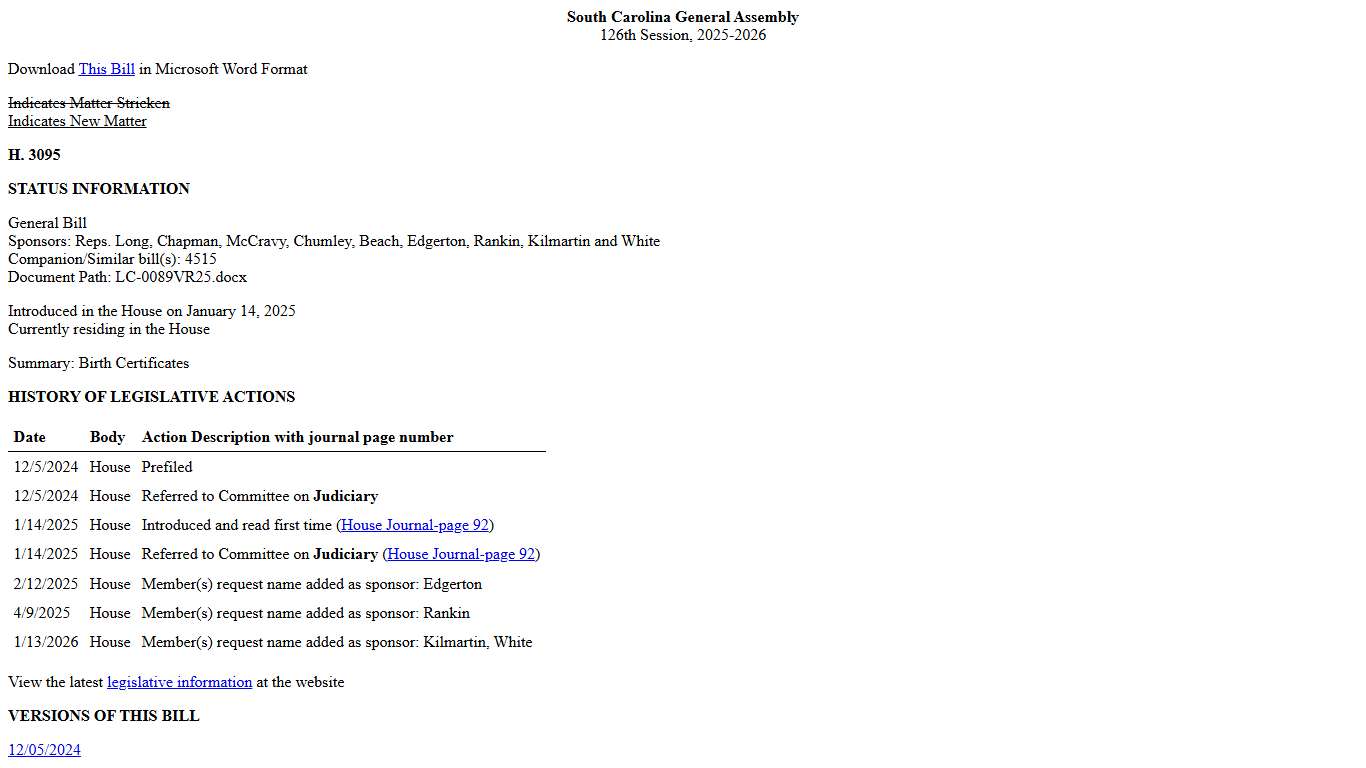 2025-2026 Bill 3095: Birth Certificates - South Carolina Legislature Online